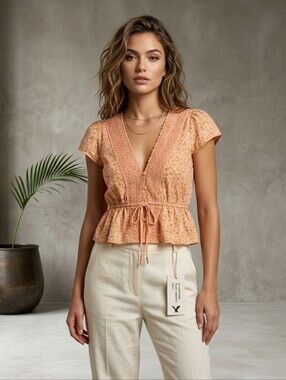 American Eagle 100% Cotton Coquette Orange Floral Cropped Button Blouse XSmall